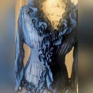 Ruffled V-Neck Sheer Blouse in Deep Blue